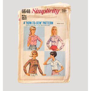 Simplicity 6648 Blouses Womens Size 40 Vintage 1966 Sewing Pattern Cut